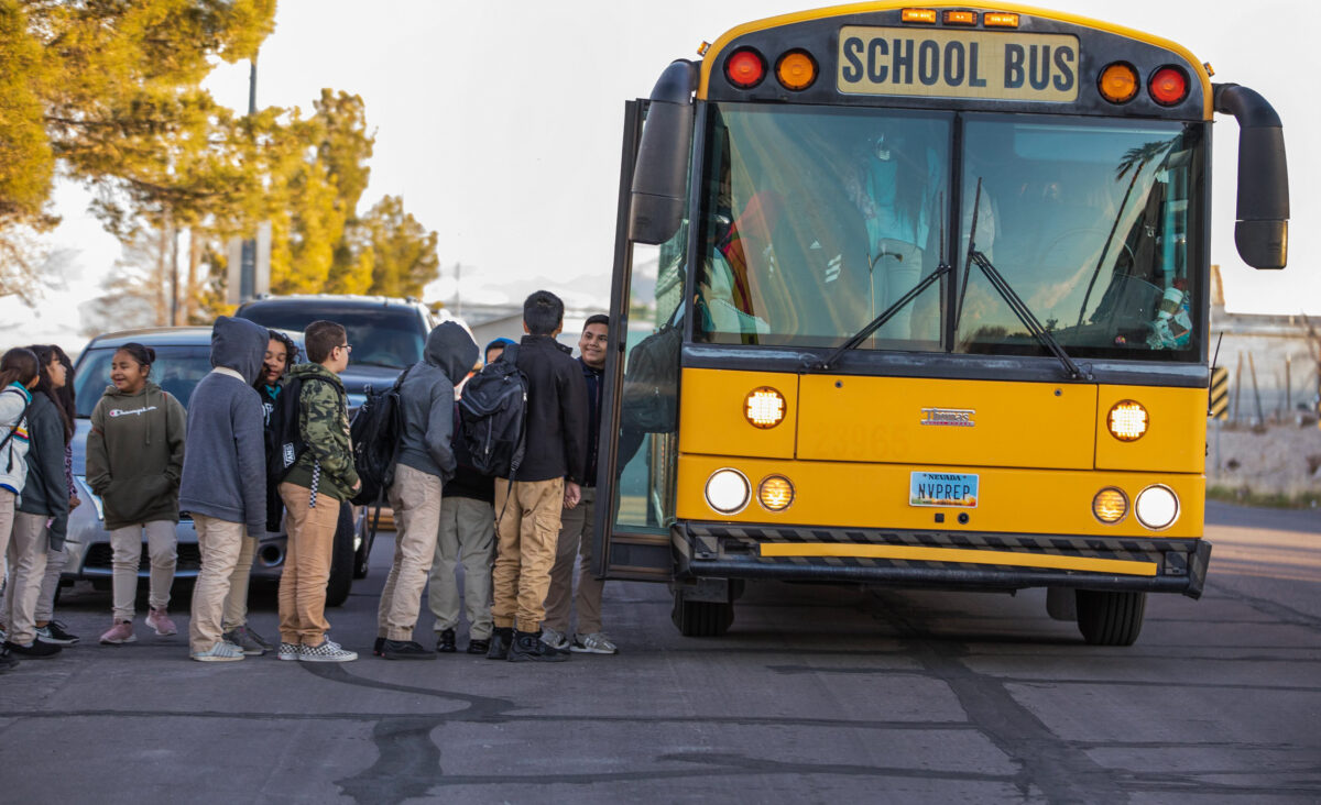 Nevada Prep students board a school bus in North Las Vegas on Wednesday, Feb. 12,2020. (Jeff Scheid/The Nevada Independent).